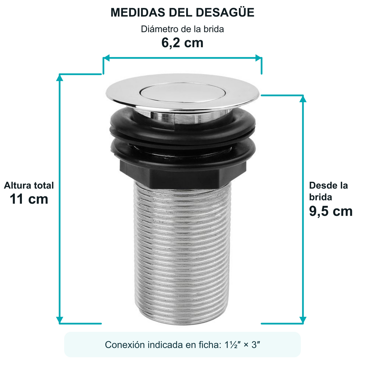 Medidas del desagüe push: brida 6,2 cm, altura total 11 cm y altura desde la brida 9,5 cm