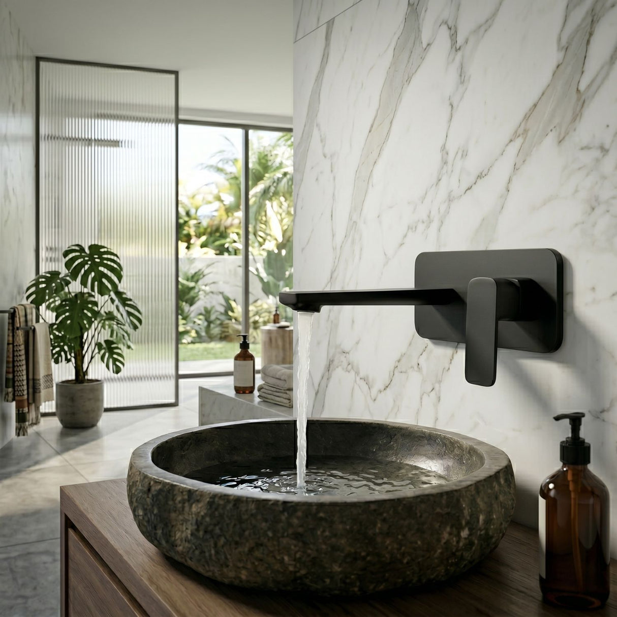 Grifería Lavamanos de Pared Negra Cuadrada Monocontrol | Diseño Moderno Mate