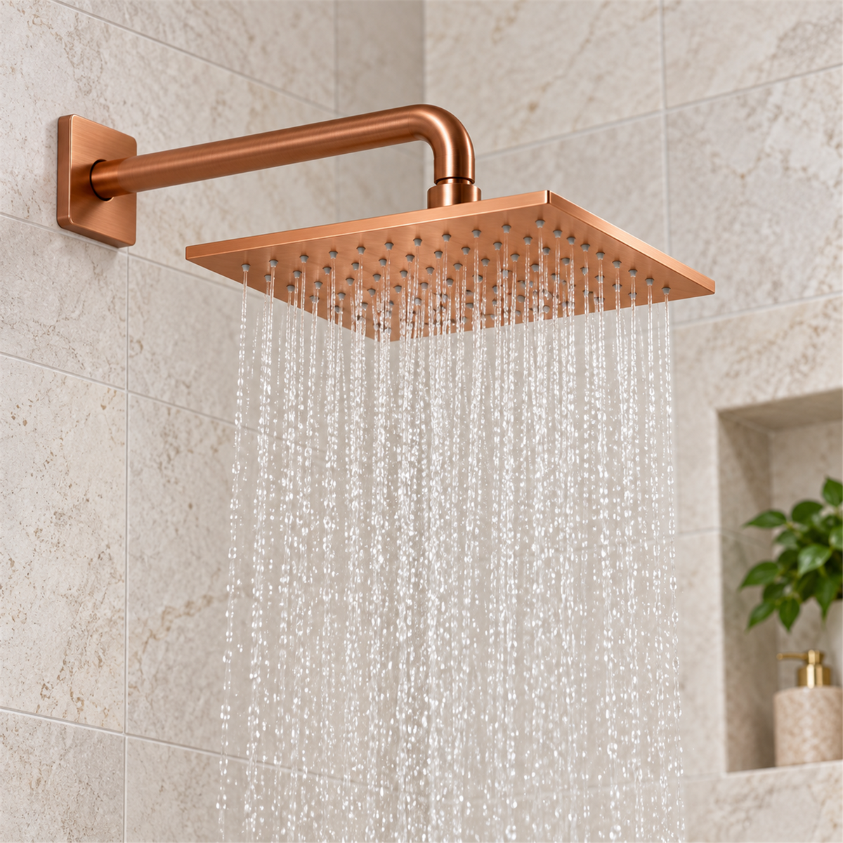Regadera cuadrada en acabado cobre funcionando en un baño