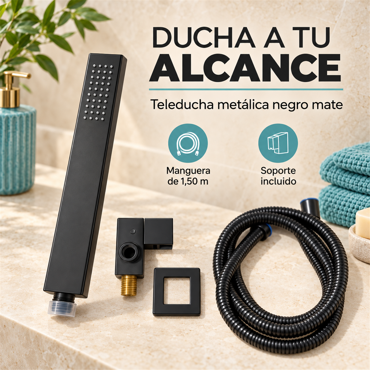 Detalle comercial de teleducha negro mate con manguera y soporte