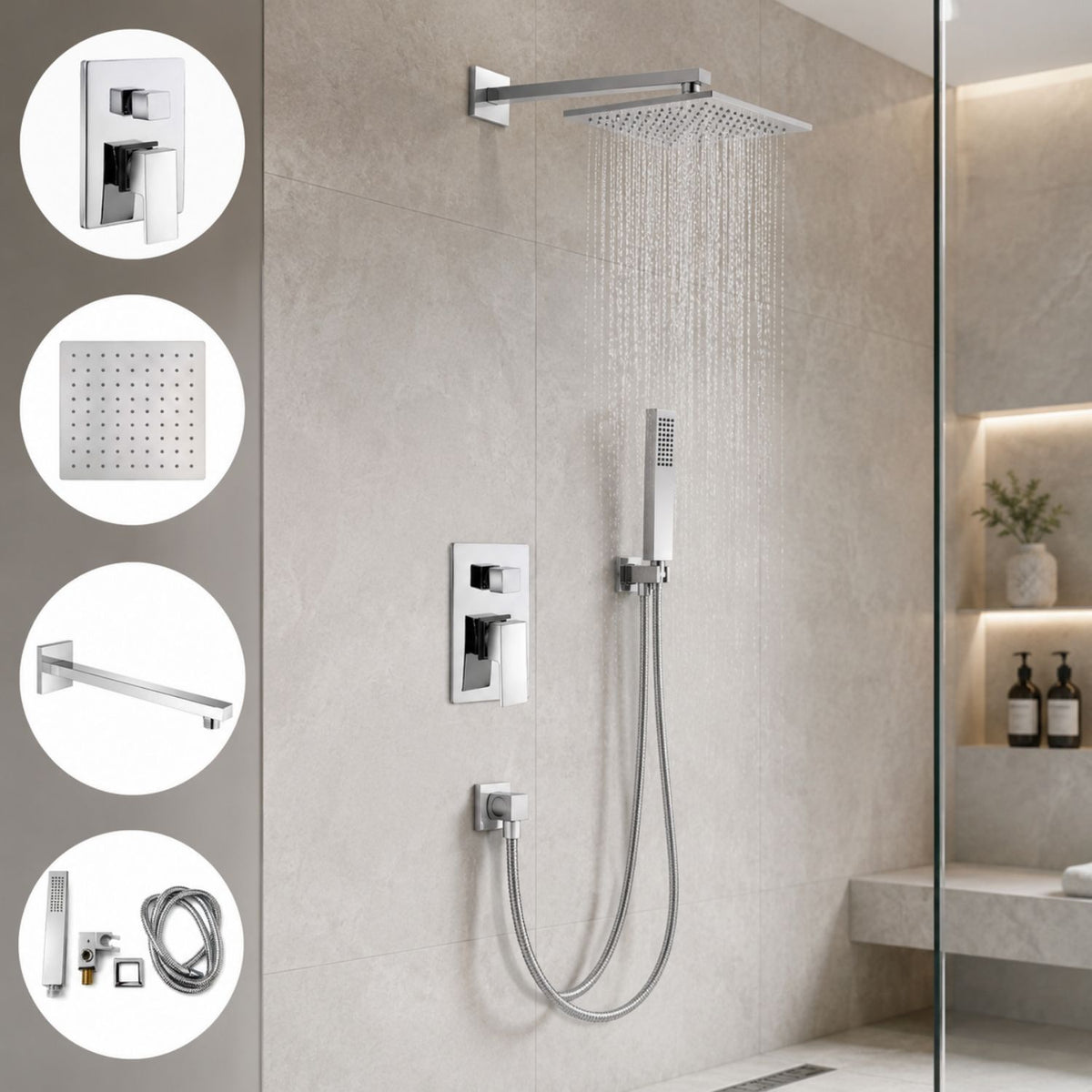 Combo Ducha Cromada Monocontrol + Regadera 20 × 20 cm + Brazo 40 cm + Teleducha