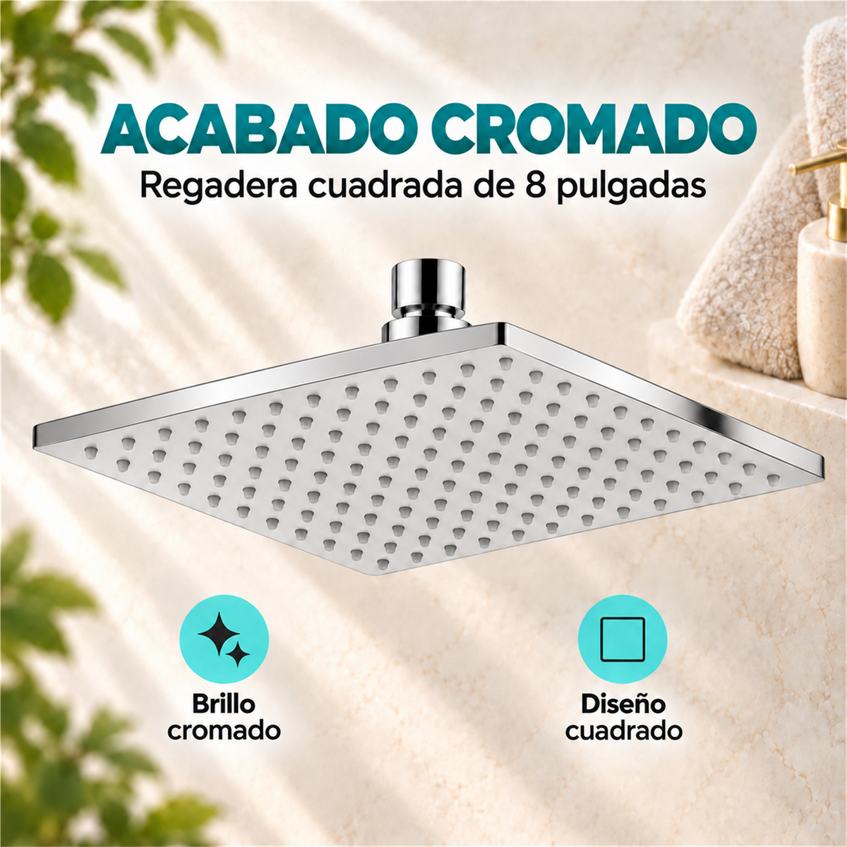Detalle comercial de regadera cuadrada cromada de 8 pulgadas