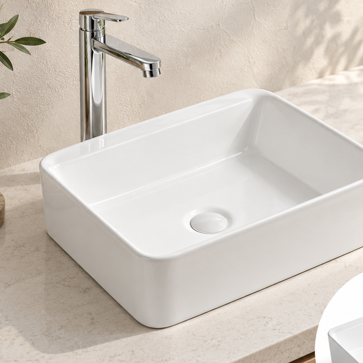 Lavamanos rectangular blanco, ambientación cercana