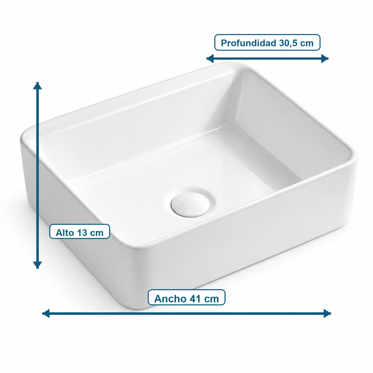 Lavamanos rectangular blanco con medidas verificadas, imagen limpia