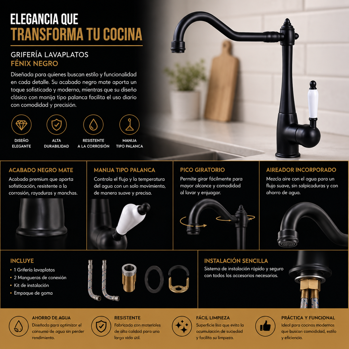 Grifería Lavaplatos Fenix Negro 26.5 cm Alto