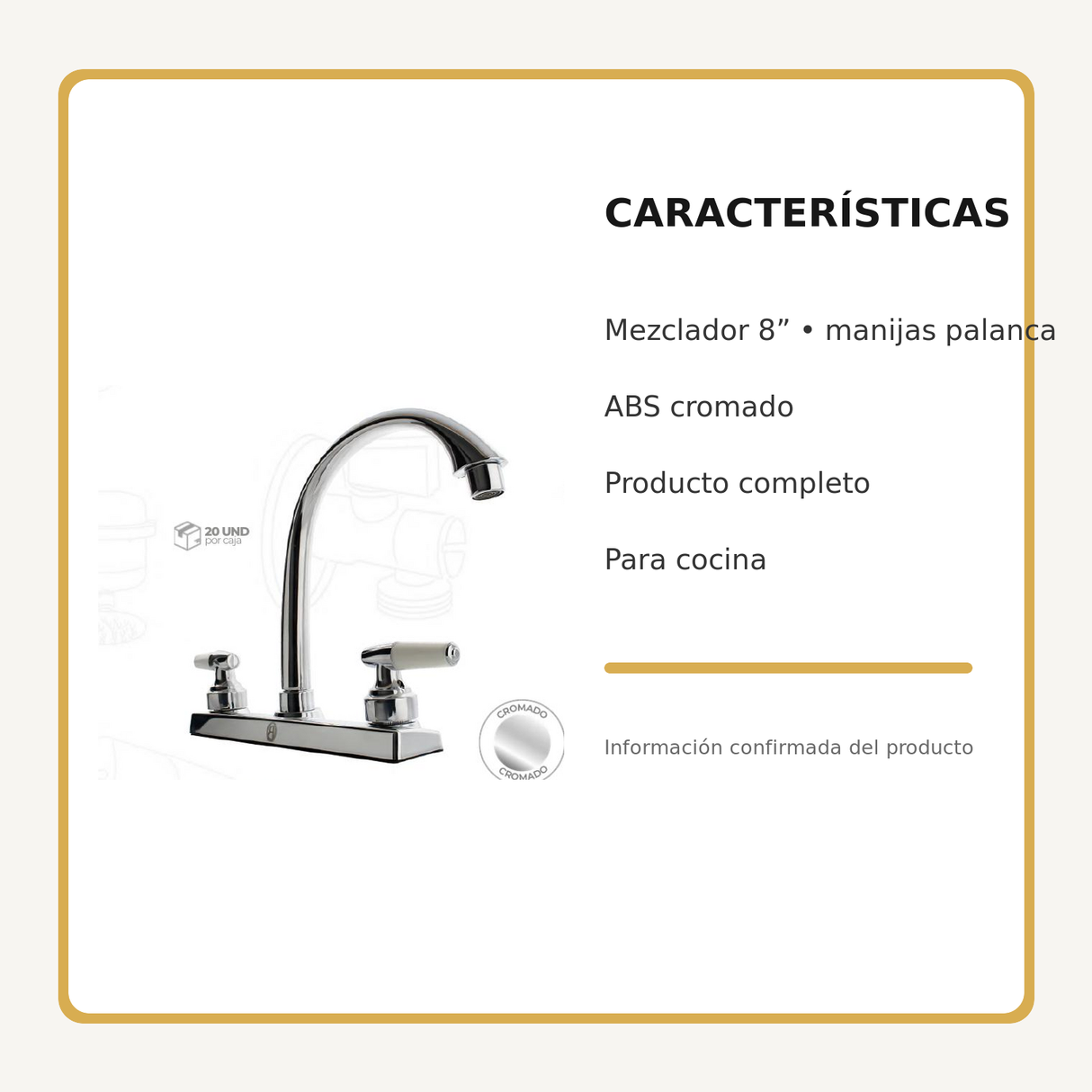 Mezclador de cocina 8 pulgadas en ABS cromado con manijas palanca, características principales