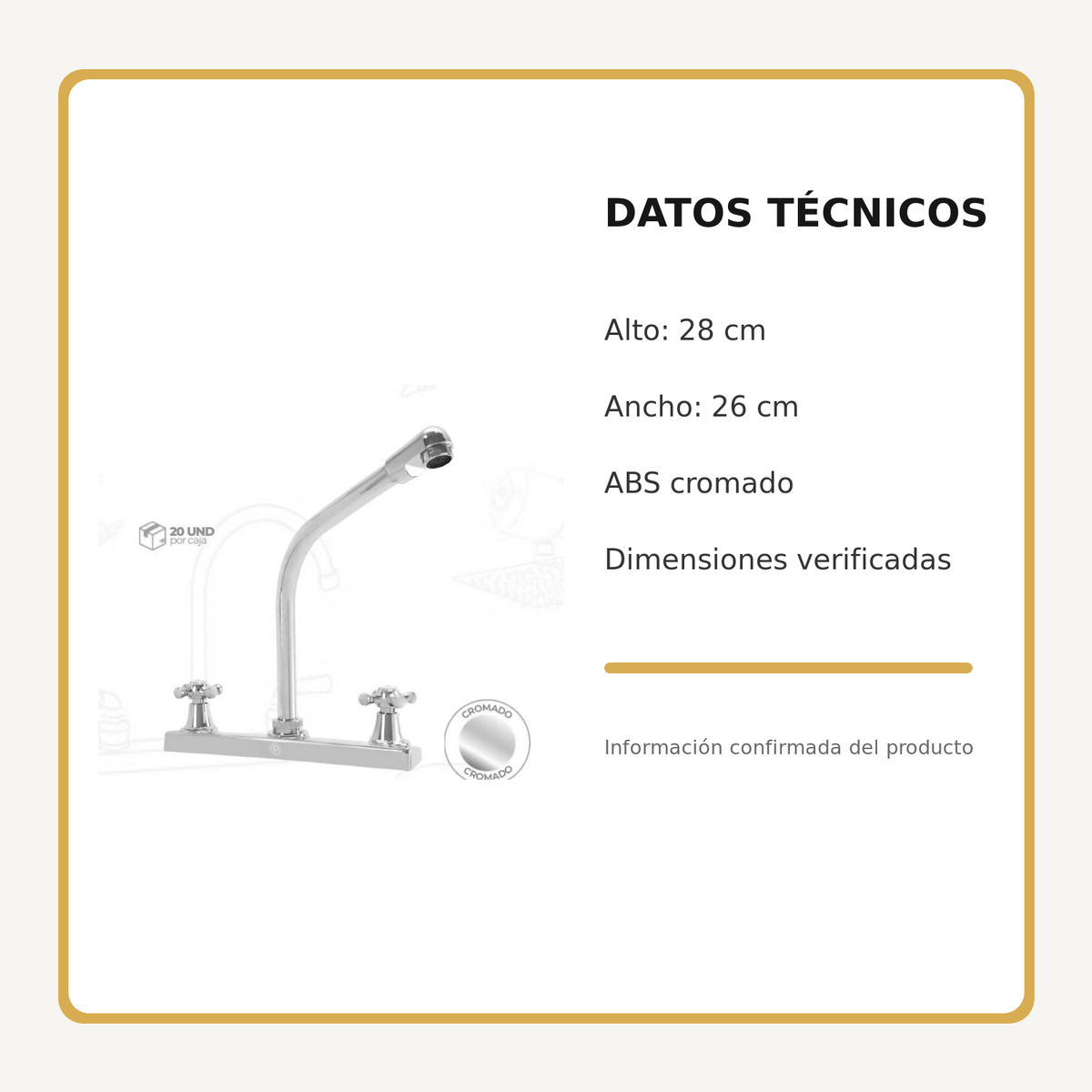 Mezclador de cocina 8 pulgadas en ABS cromado con manijas cruceta, medidas y datos técnicos