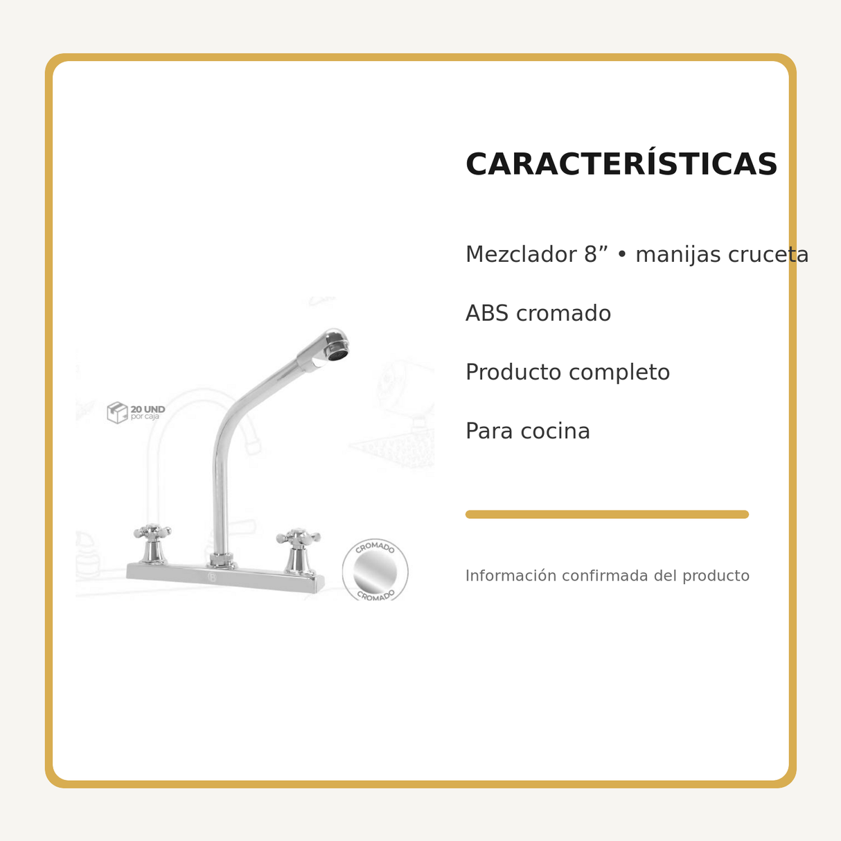 Mezclador de cocina 8 pulgadas en ABS cromado con manijas cruceta, características principales