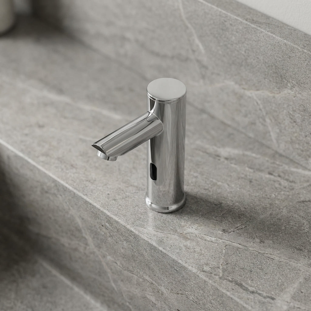 Detailed overhead view of a small chrome sensor faucet on textured bathroom countertop, highlighting its micro-texture and modern design.
