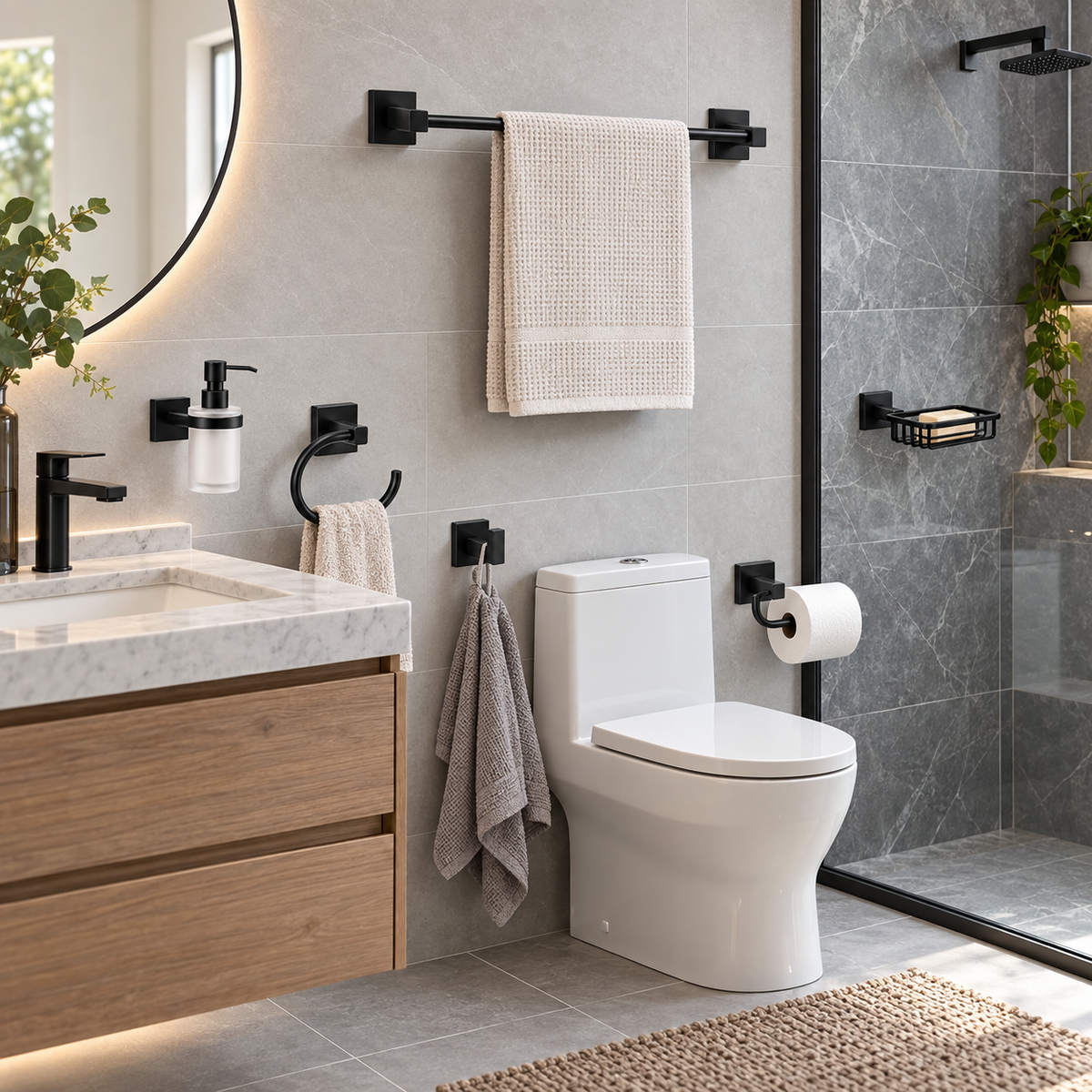 Juego De Accesorios De Baño Palace Negro 6 Piezas Baru - ambientación