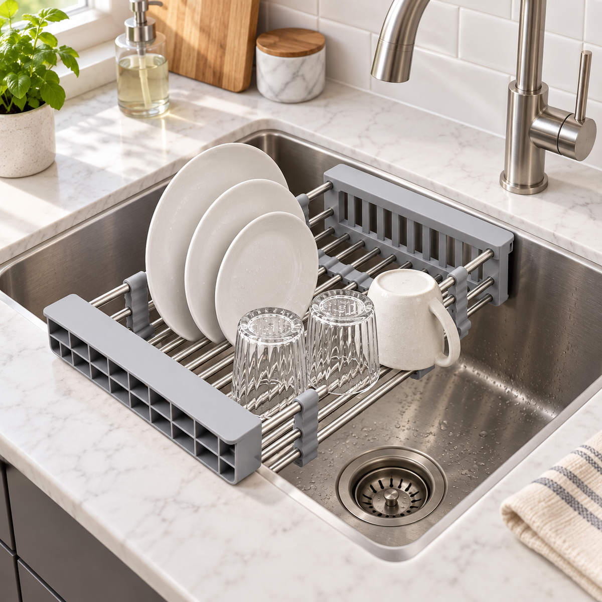 Escurridor Ajustable Para Lavaplatos Gris Baru - ambientación