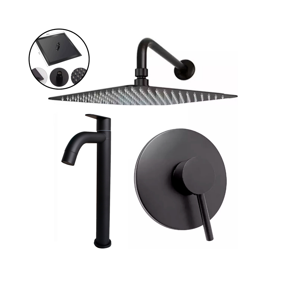 Kit Ducha 20cm +grifería Agua Fría+monocontrol Redondo Negro