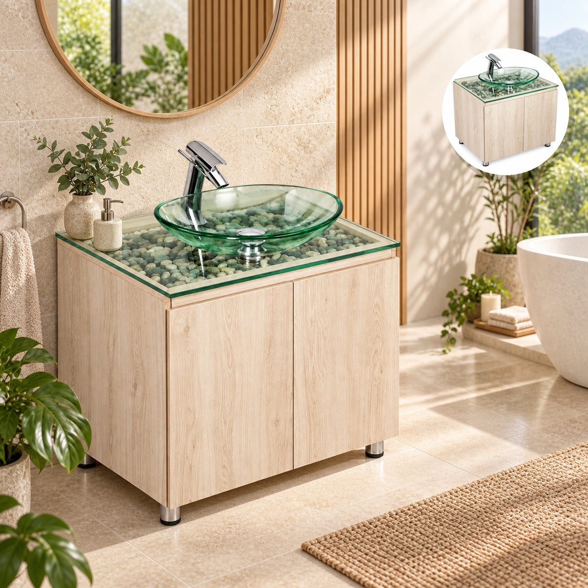 Combo Mueble De Baño RH Con Lavamanos De Vidrio Y Piedras 60 X 47 Cm - Portada Ambientada