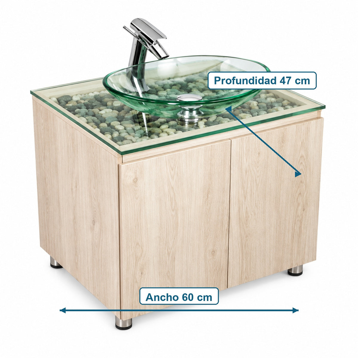 Combo Mueble De Baño RH Con Lavamanos De Vidrio Y Piedras 60 X 47 Cm - Medidas Del Producto