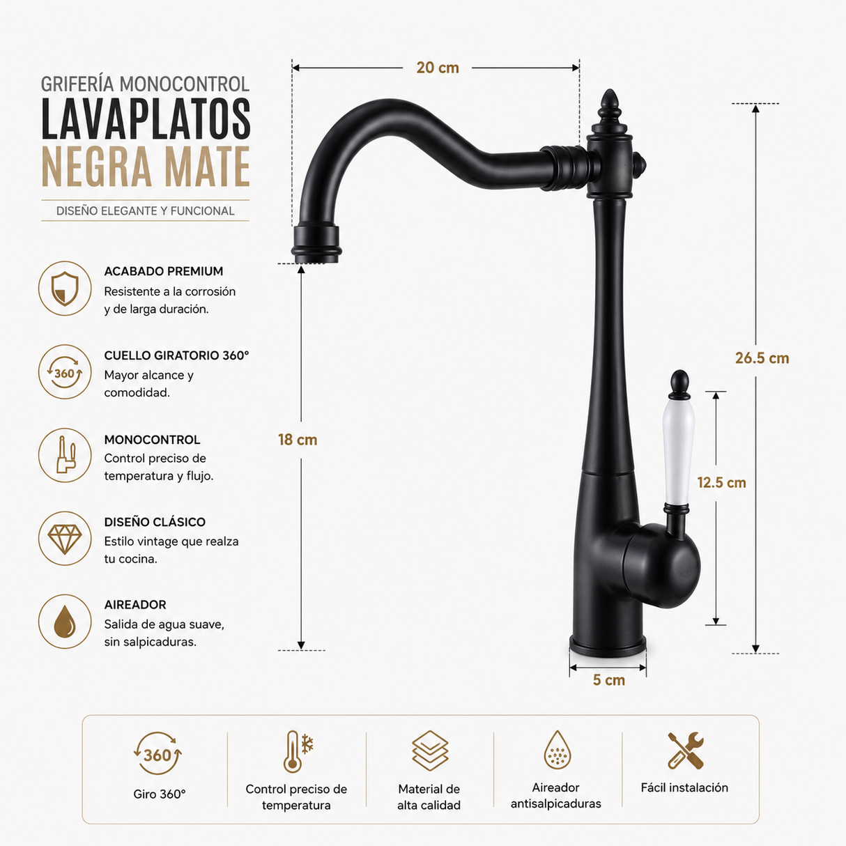 Grifería Lavaplatos Fenix Negro 26.5 cm Alto