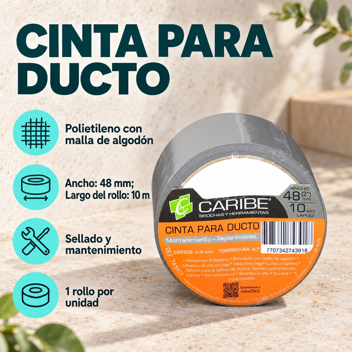Cinta Para Ducto Gris De 48 mm × 10 m — material, presentación y características