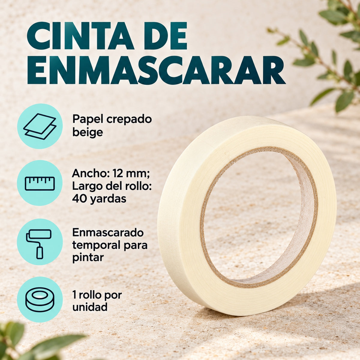 Cinta De Enmascarar Beige De 12 mm × 40 Yardas — material, presentación y características