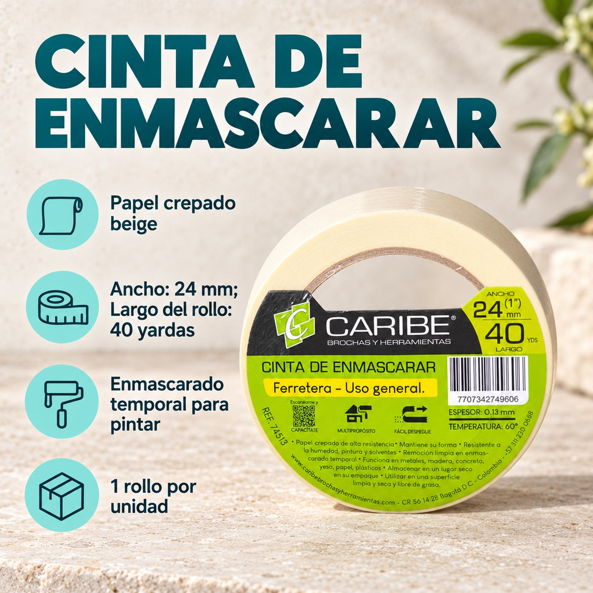 Cinta De Enmascarar Beige De 24 mm × 40 Yardas — material, presentación y características