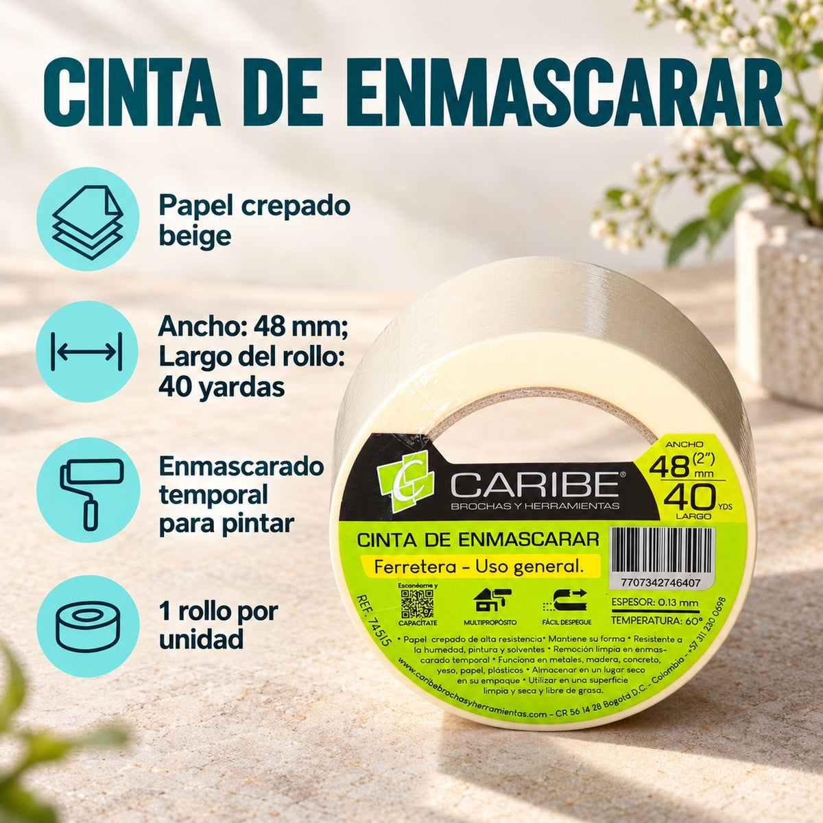Cinta De Enmascarar Beige De 48 mm × 40 Yardas — material, presentación y características