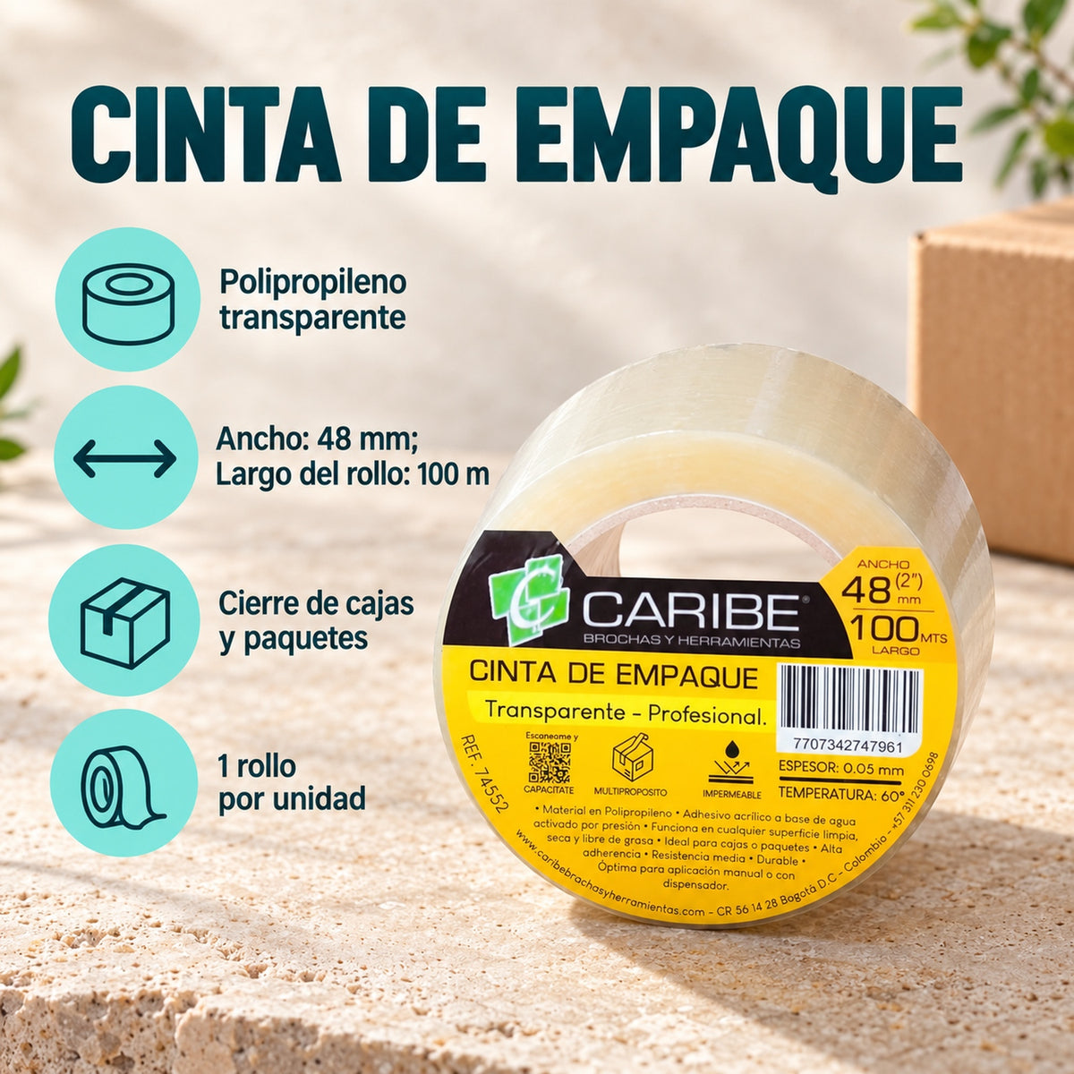 Cinta De Empaque Transparente De 48 mm × 100 m — material, presentación y características