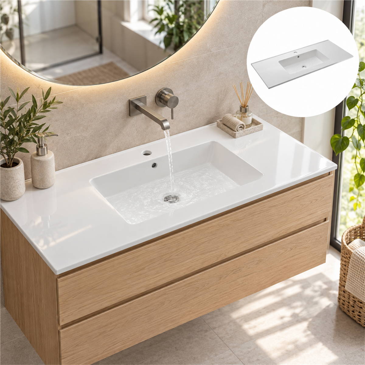 Lavamanos integrado blanco de 80 × 47 cm en ambiente de referencia; mueble y grifería ilustrativos