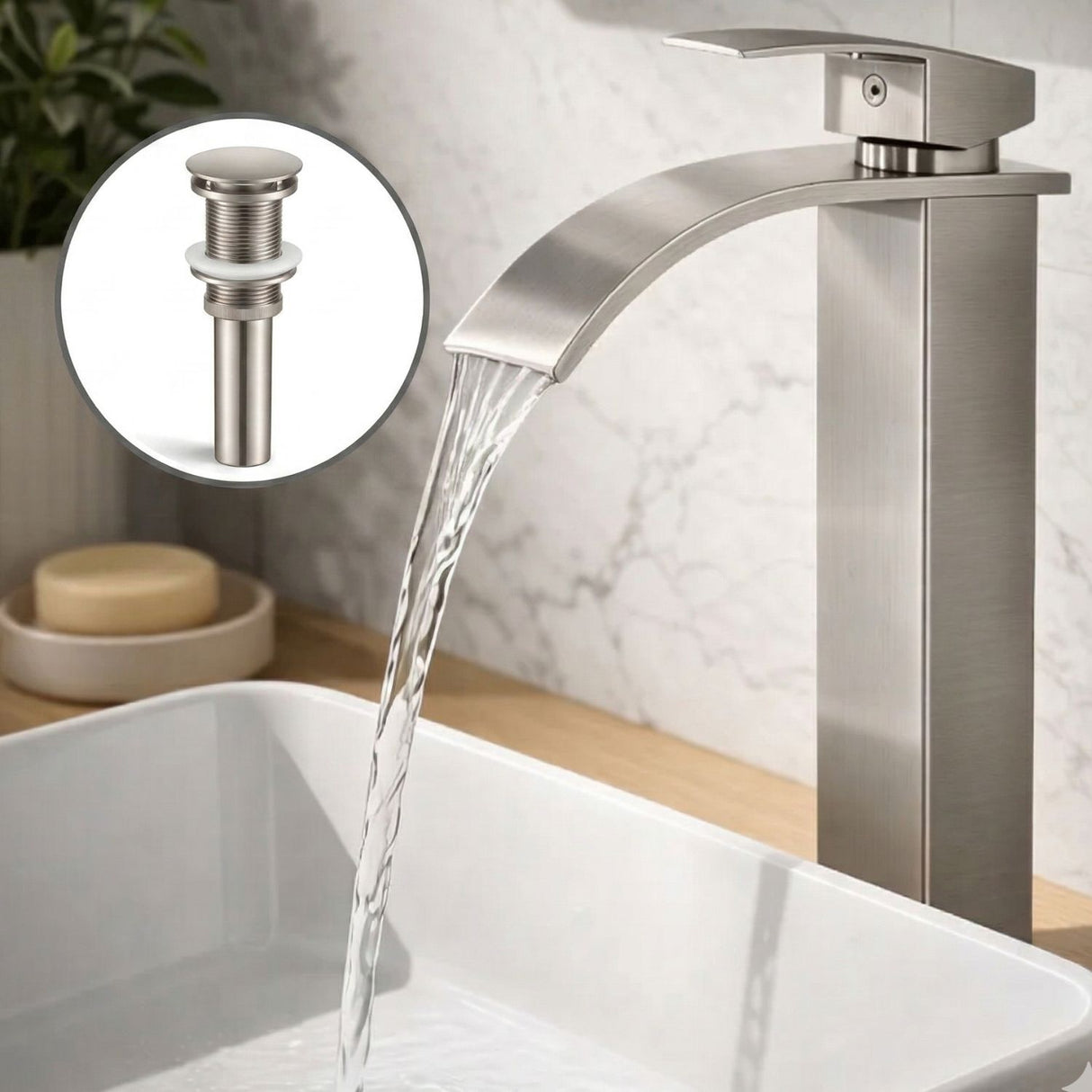 Kit Grifería Lavamanos Alta Milan Satin 30 cm + Desagüe Push Satin 7.8 cm | Set Completo Baño Moderno