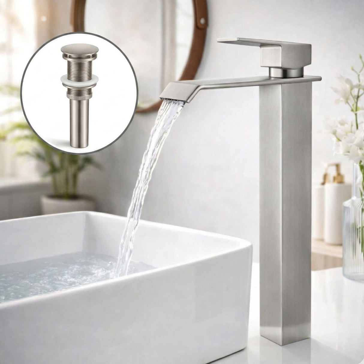 Kit Grifería Lavamanos Alta Cascada Acero Inoxidable 304 Satin 30 cm + Desagüe Push Satin 7.8 cm | Set Completo Baño Moderno