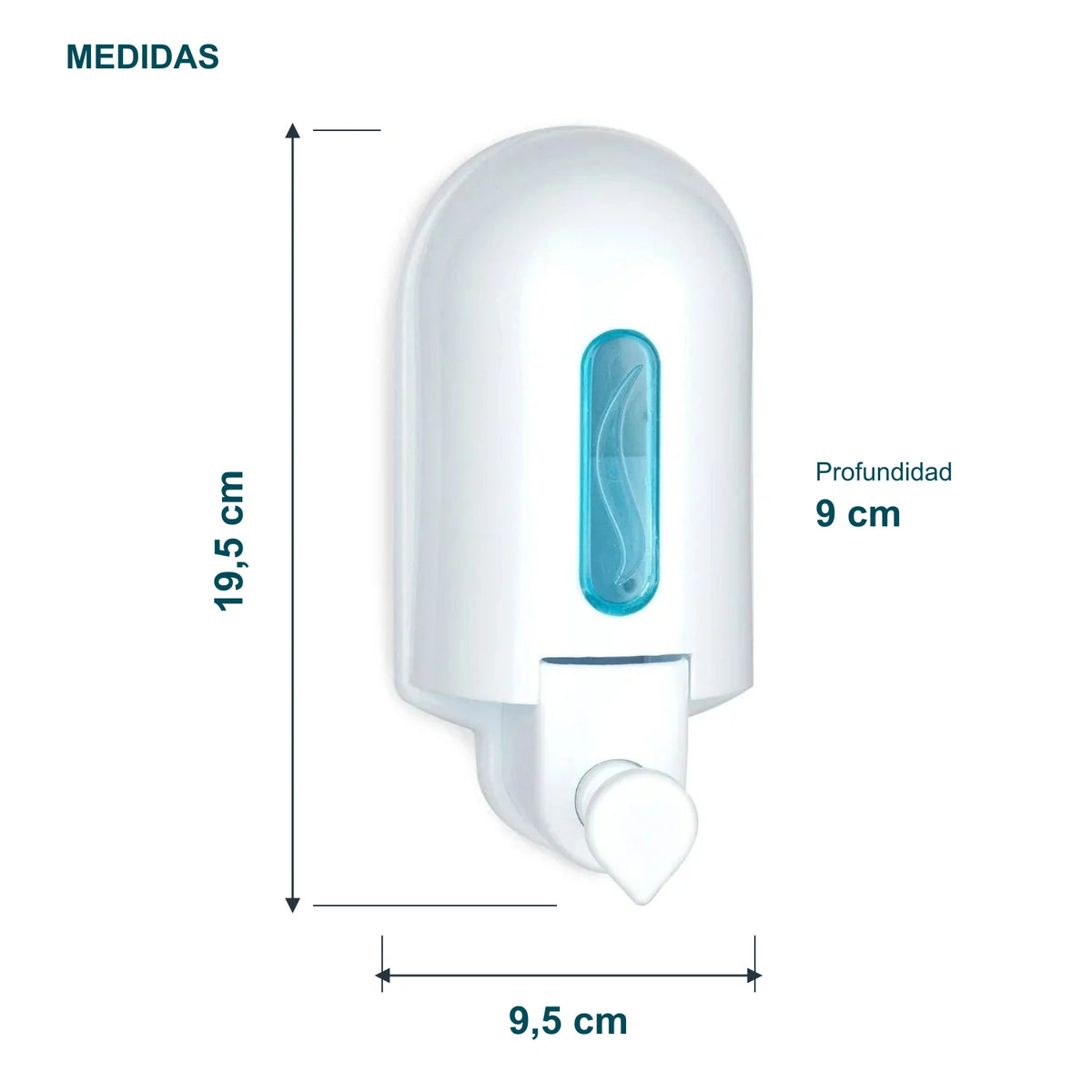 Medidas del dispensador de crema dental: alto 19,5 cm, ancho 9,5 cm y profundidad 9 cm.