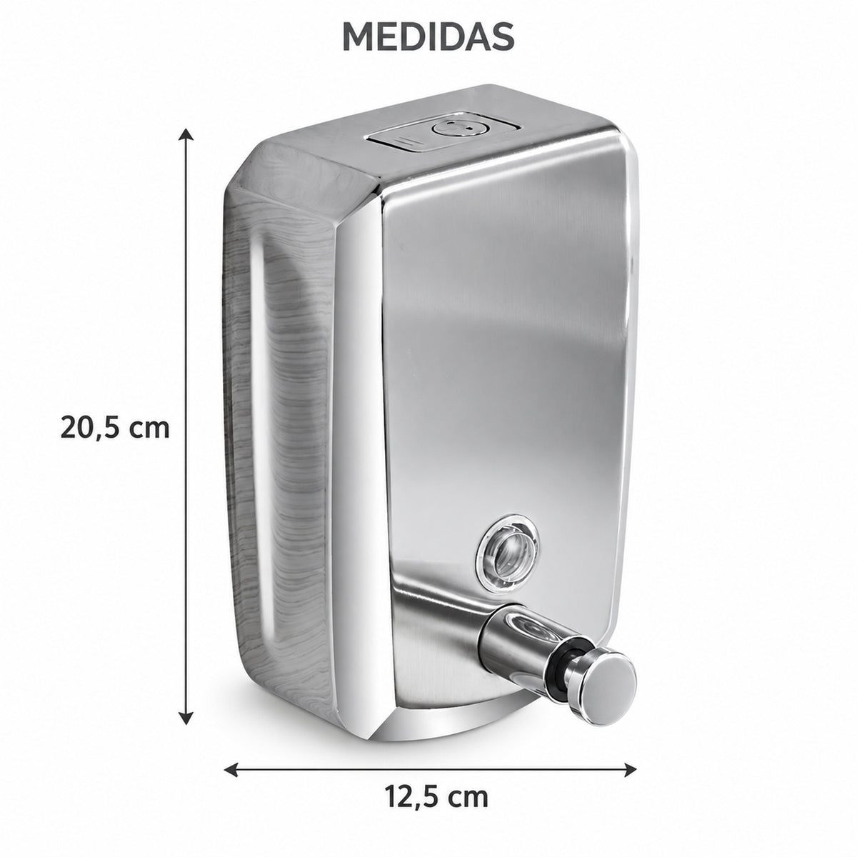 Medidas del dispensador de jabón: alto de 20,5 cm y ancho de 12,5 cm