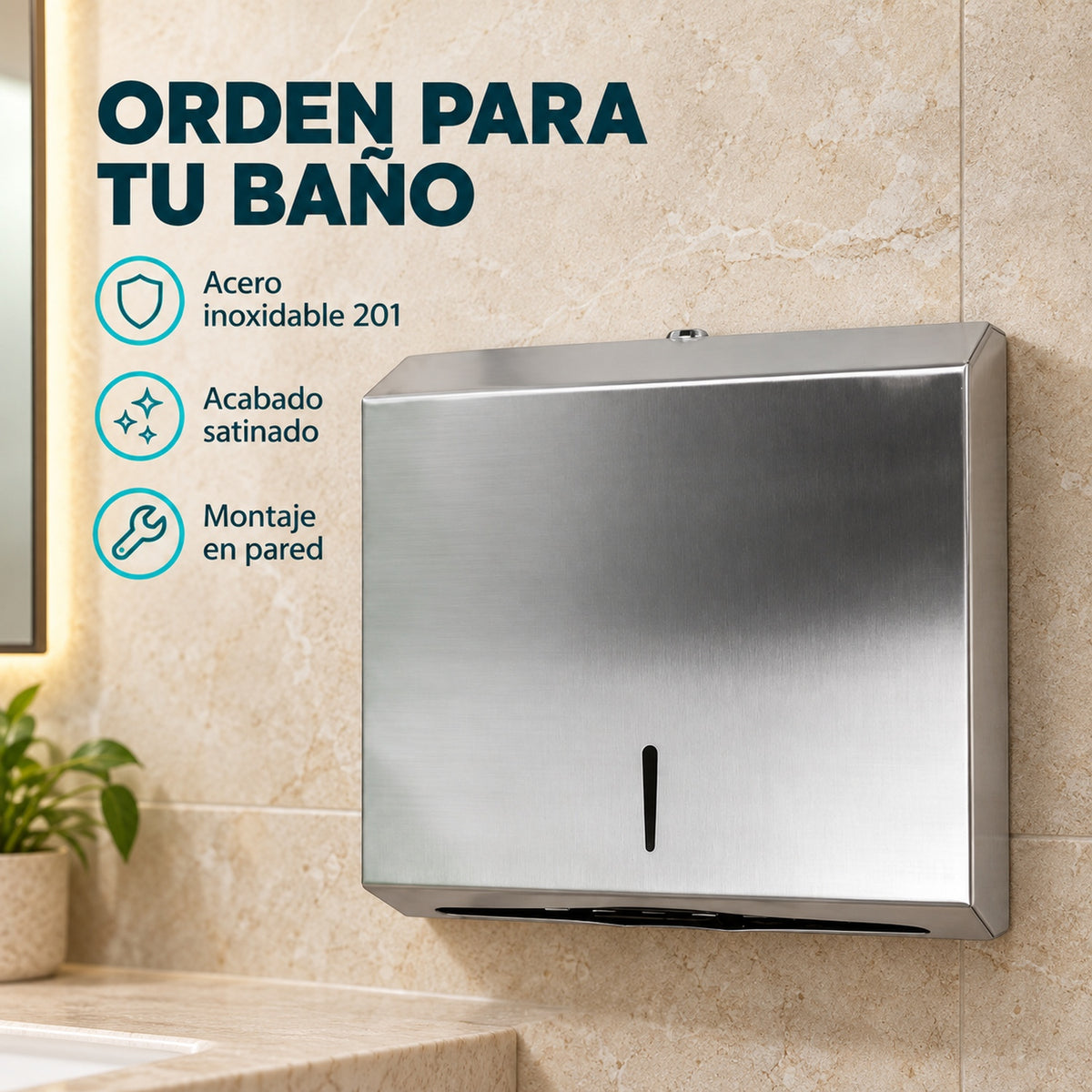 Dispensador de toallas de papel instalado en pared: acero inoxidable 201 y acabado satinado