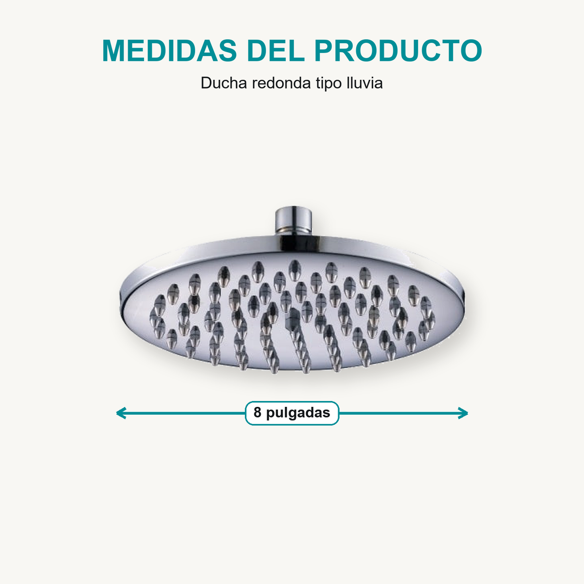 Ducha Redonda Tipo Lluvia Cromada 8 Pulgadas, infografía de medidas