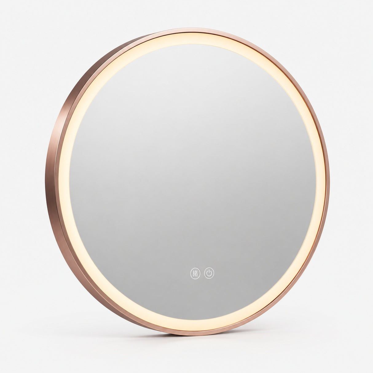 Espejo LED redondo de 60 cm con marco de aluminio oro rosa sobre fondo claro