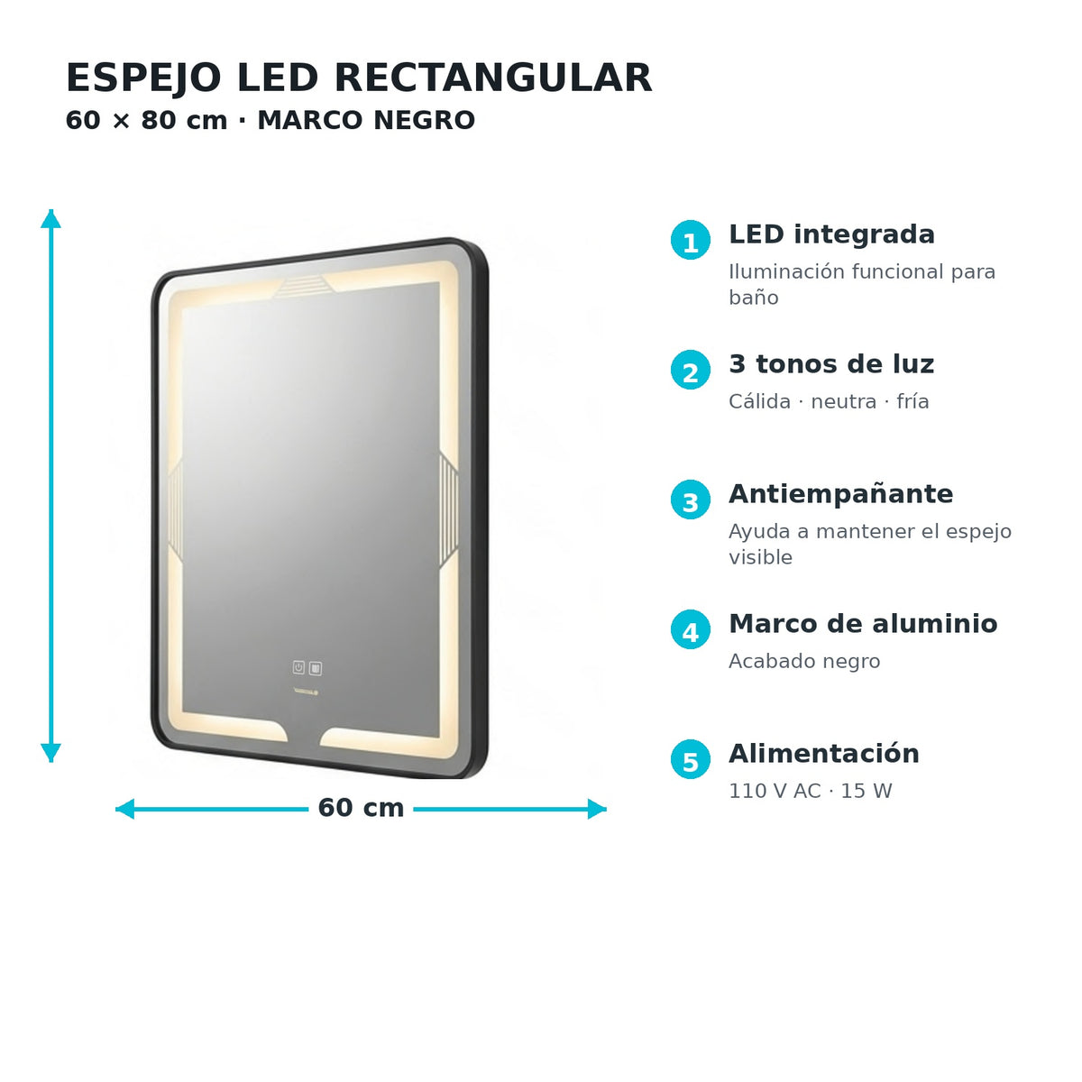Espejo LED rectangular 60 x 80 cm marco negro ficha técnica