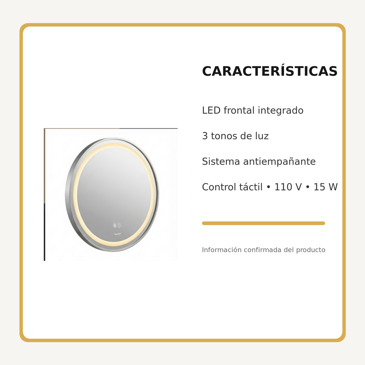 Espejo Aura LED integrado redondo 60 cm cromado antiempañante, características principales