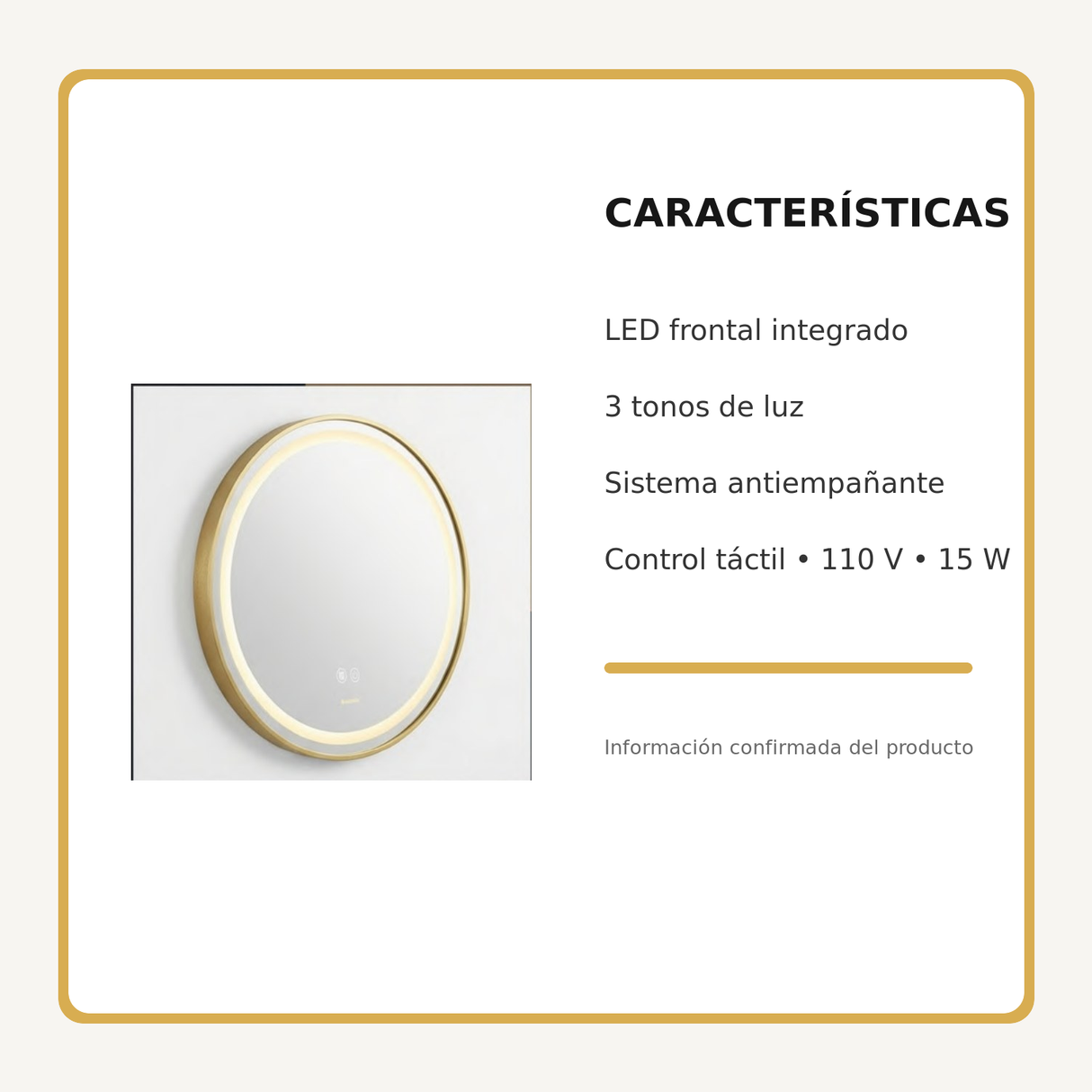 Espejo Aura LED integrado redondo 60 cm dorado antiempañante, características principales