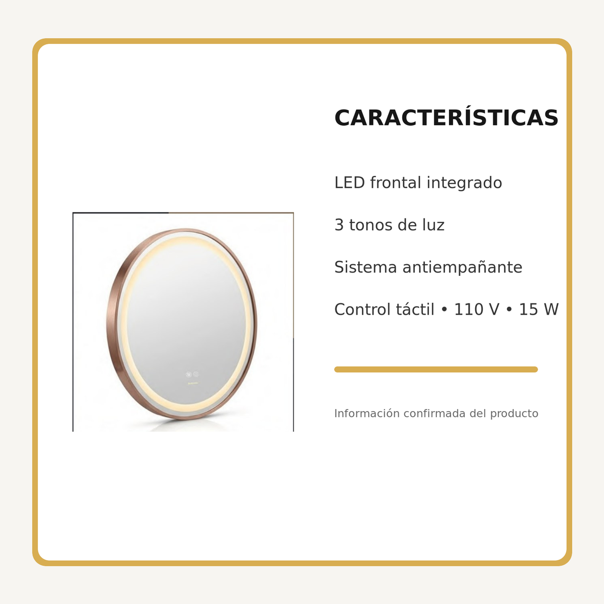 Espejo Aura LED integrado redondo 60 cm oro rosa antiempañante, características principales