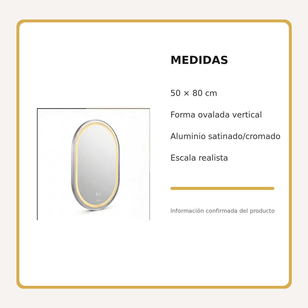 Espejo Aura LED ovalado 50 × 80 cm cromado antiempañante, medidas del producto