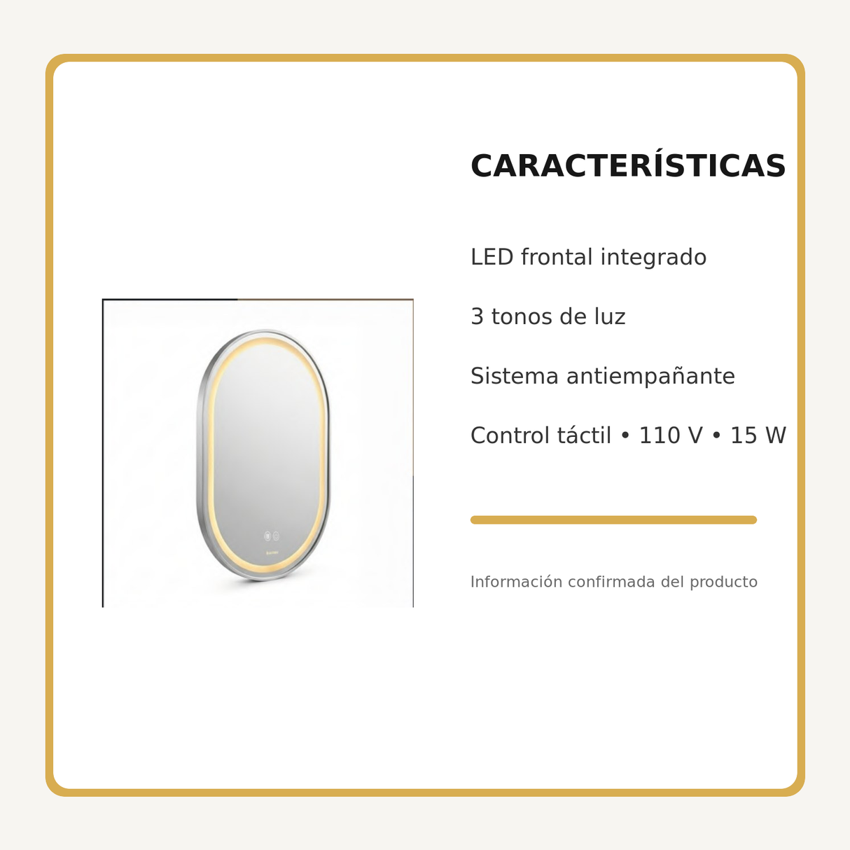Espejo Aura LED ovalado 50 × 80 cm cromado antiempañante, características principales