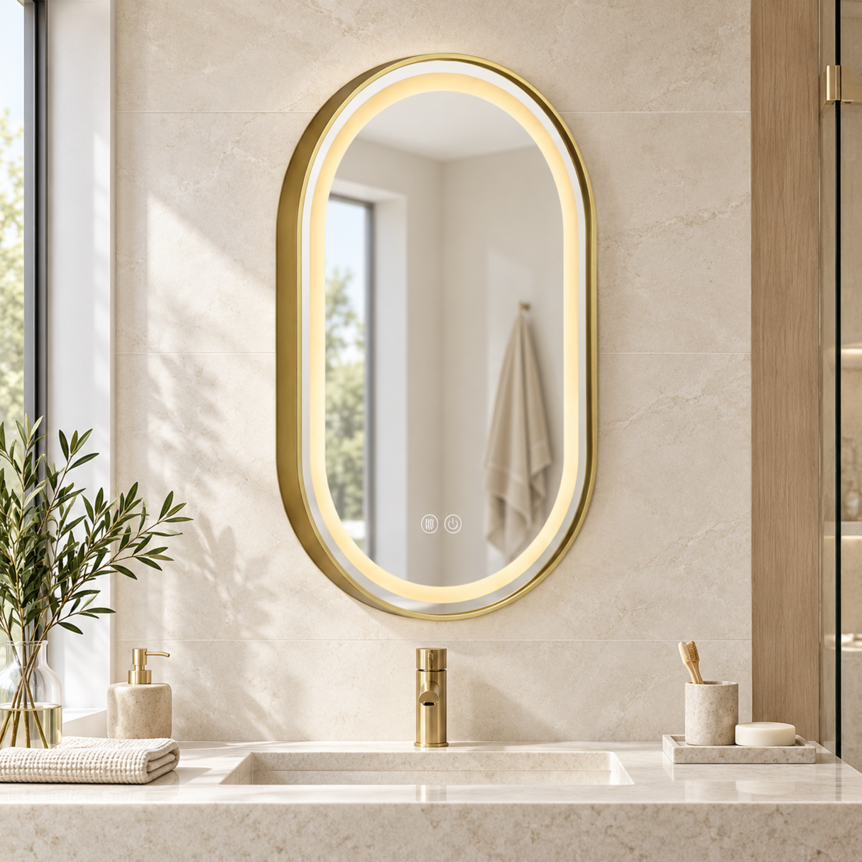 Espejo Aura LED ovalado 50 × 80 cm dorado antiempañante, ambientado en baño moderno
