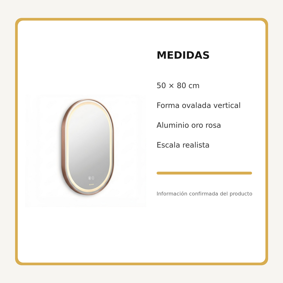 Espejo Aura LED ovalado 50 × 80 cm oro rosa antiempañante, medidas del producto
