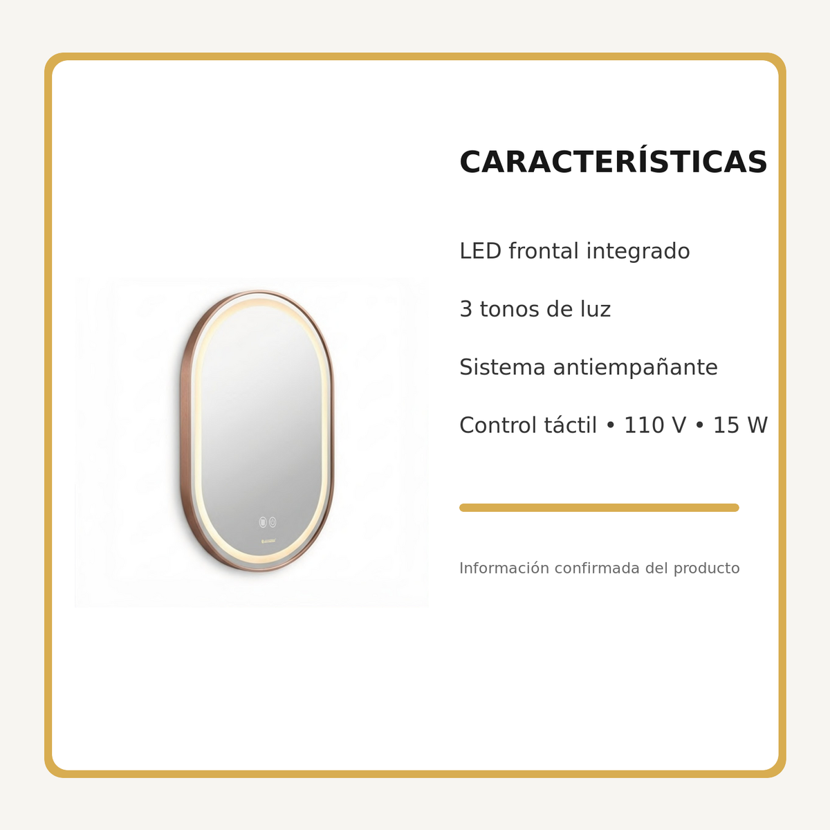 Espejo Aura LED ovalado 50 × 80 cm oro rosa antiempañante, características principales