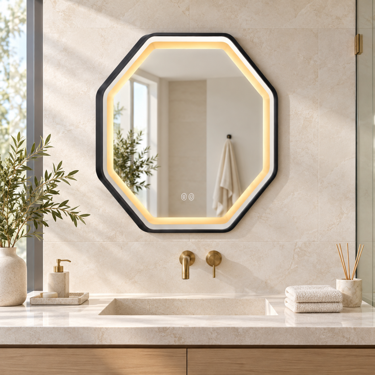 Espejo Aura LED hexagonal 60 cm negro antiempañante, ambientado en baño moderno