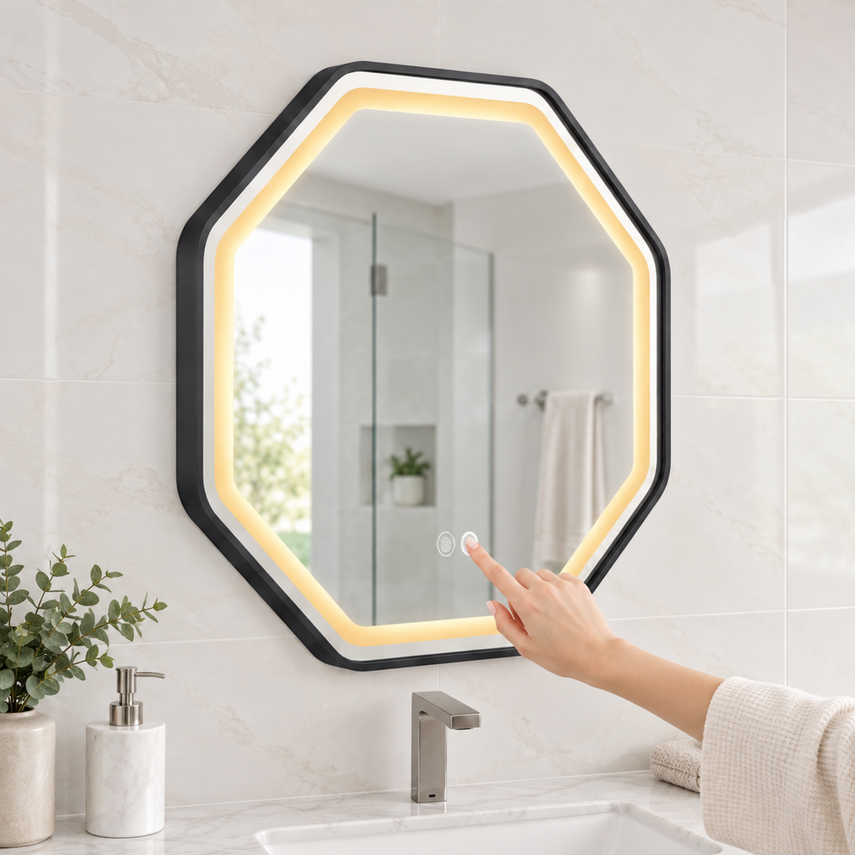 Espejo Aura LED hexagonal 60 cm negro antiempañante, uso del control táctil