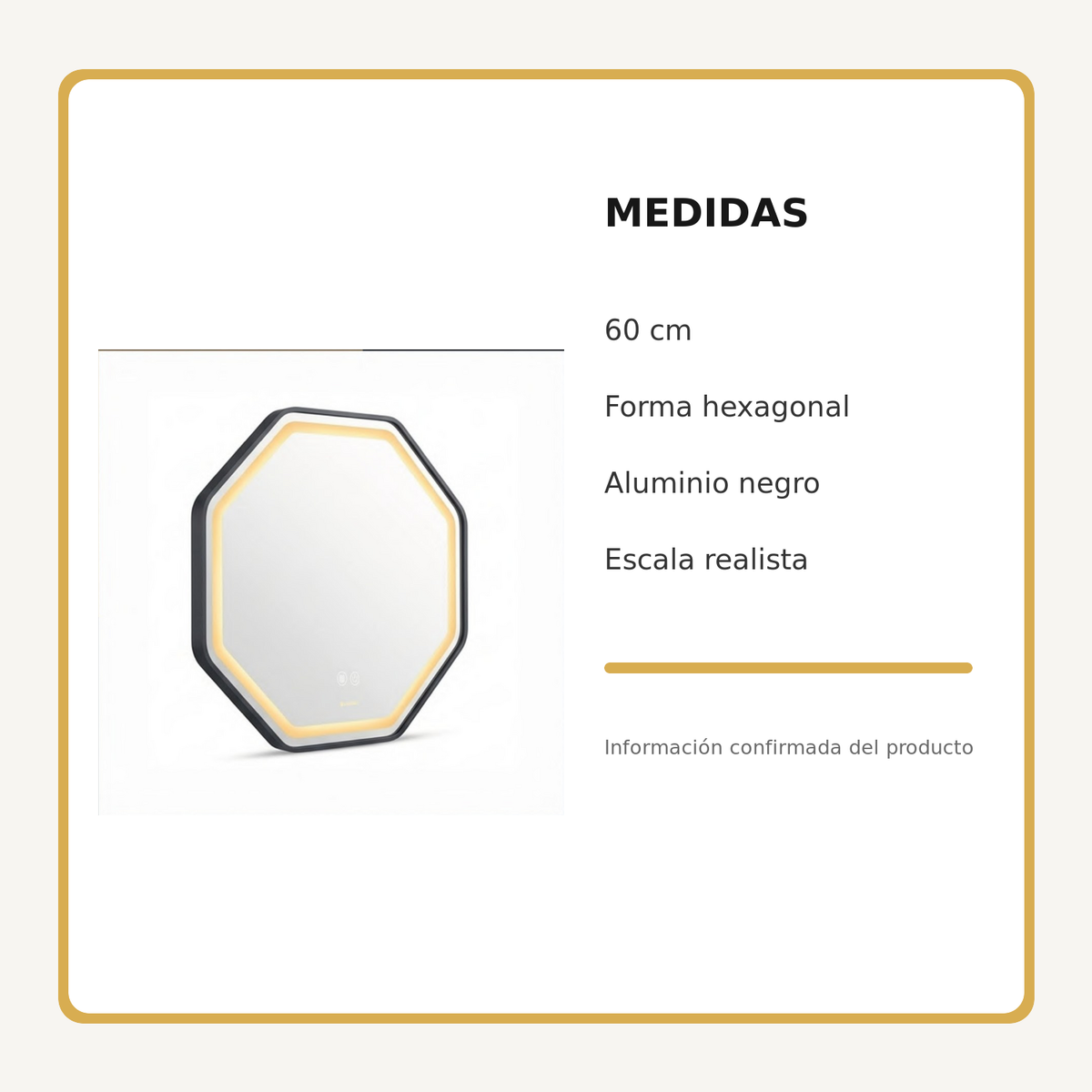Espejo Aura LED hexagonal 60 cm negro antiempañante, medidas del producto
