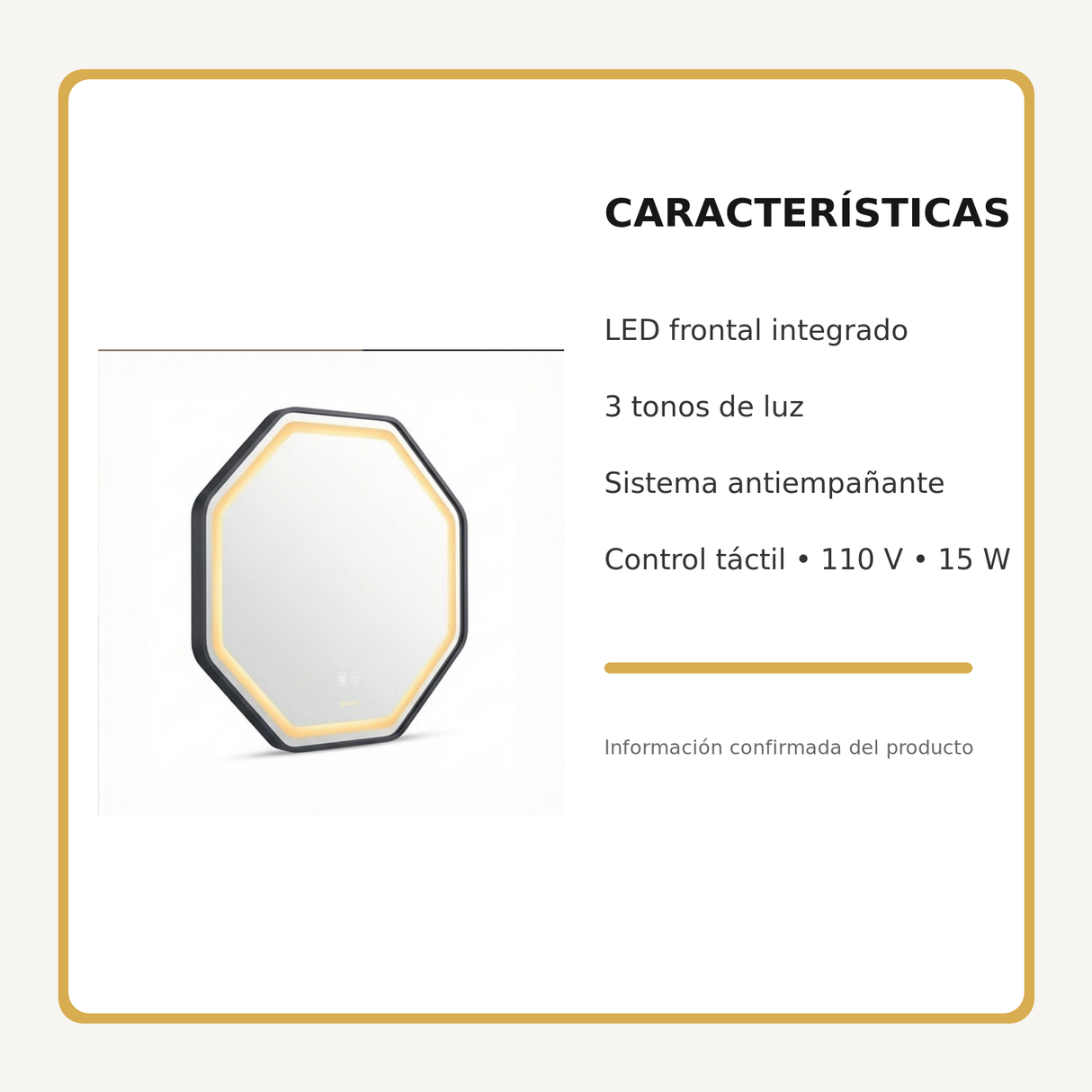 Espejo Aura LED hexagonal 60 cm negro antiempañante, características principales