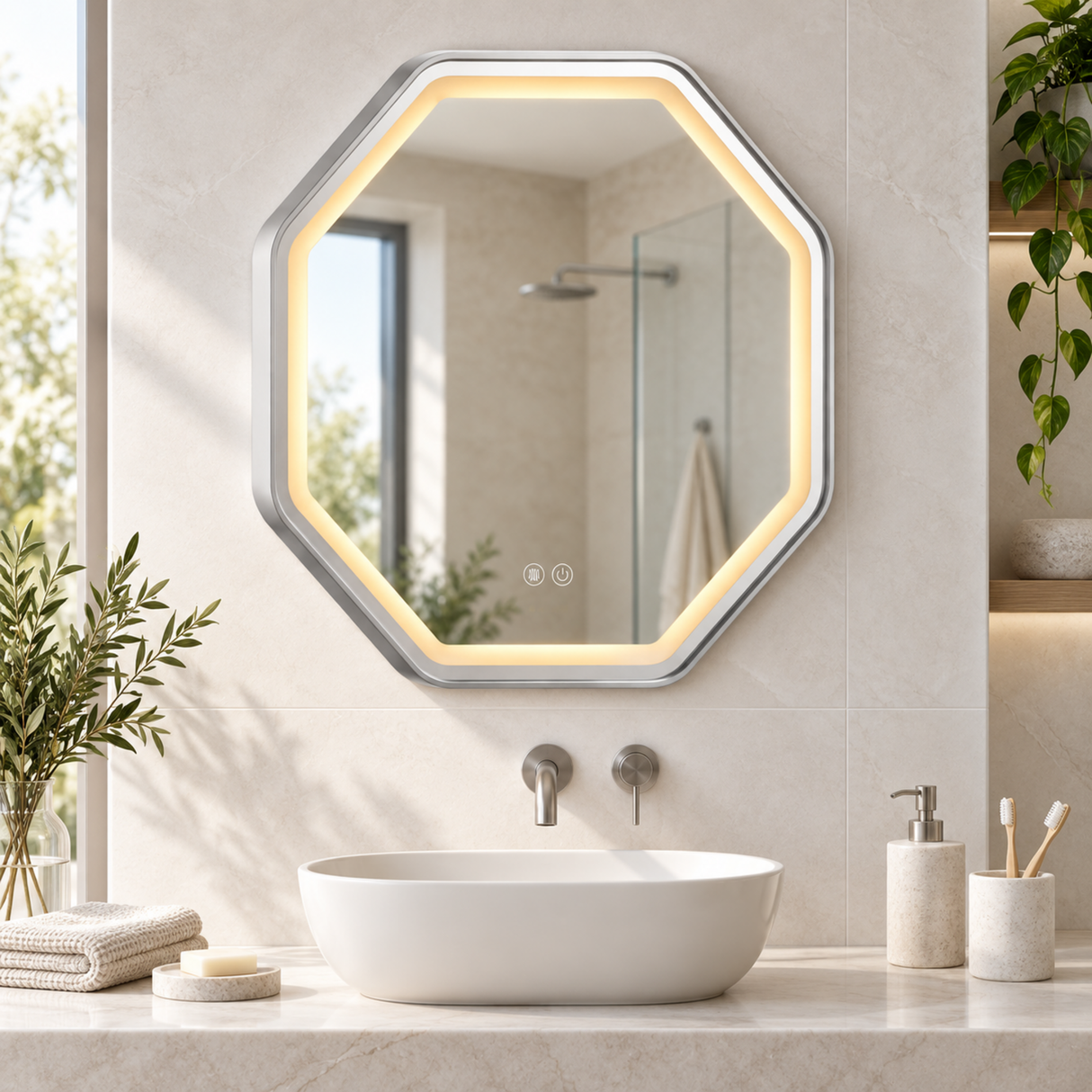 Espejo Aura LED hexagonal 60 cm cromado antiempañante, ambientado en baño moderno