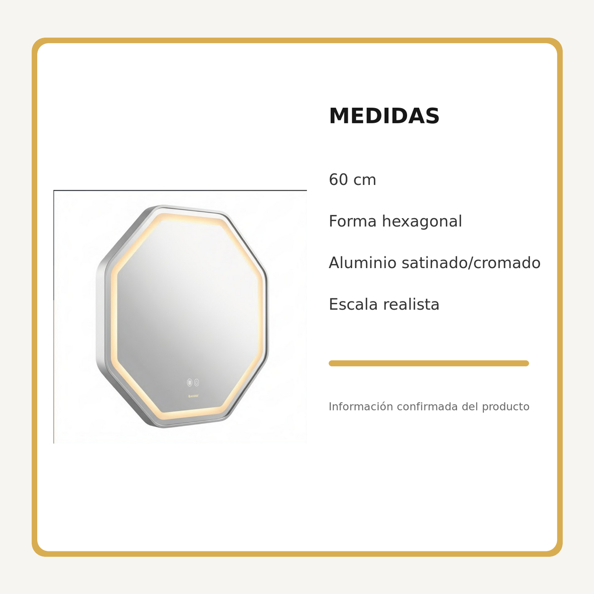 Espejo Aura LED hexagonal 60 cm cromado antiempañante, medidas del producto
