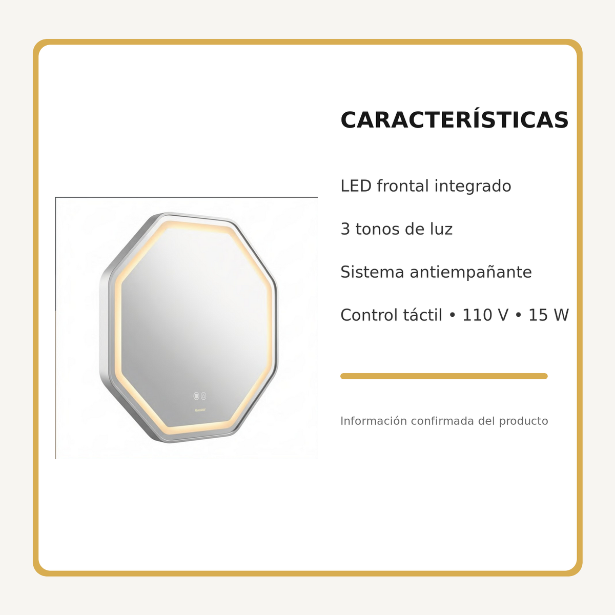 Espejo Aura LED hexagonal 60 cm cromado antiempañante, características principales