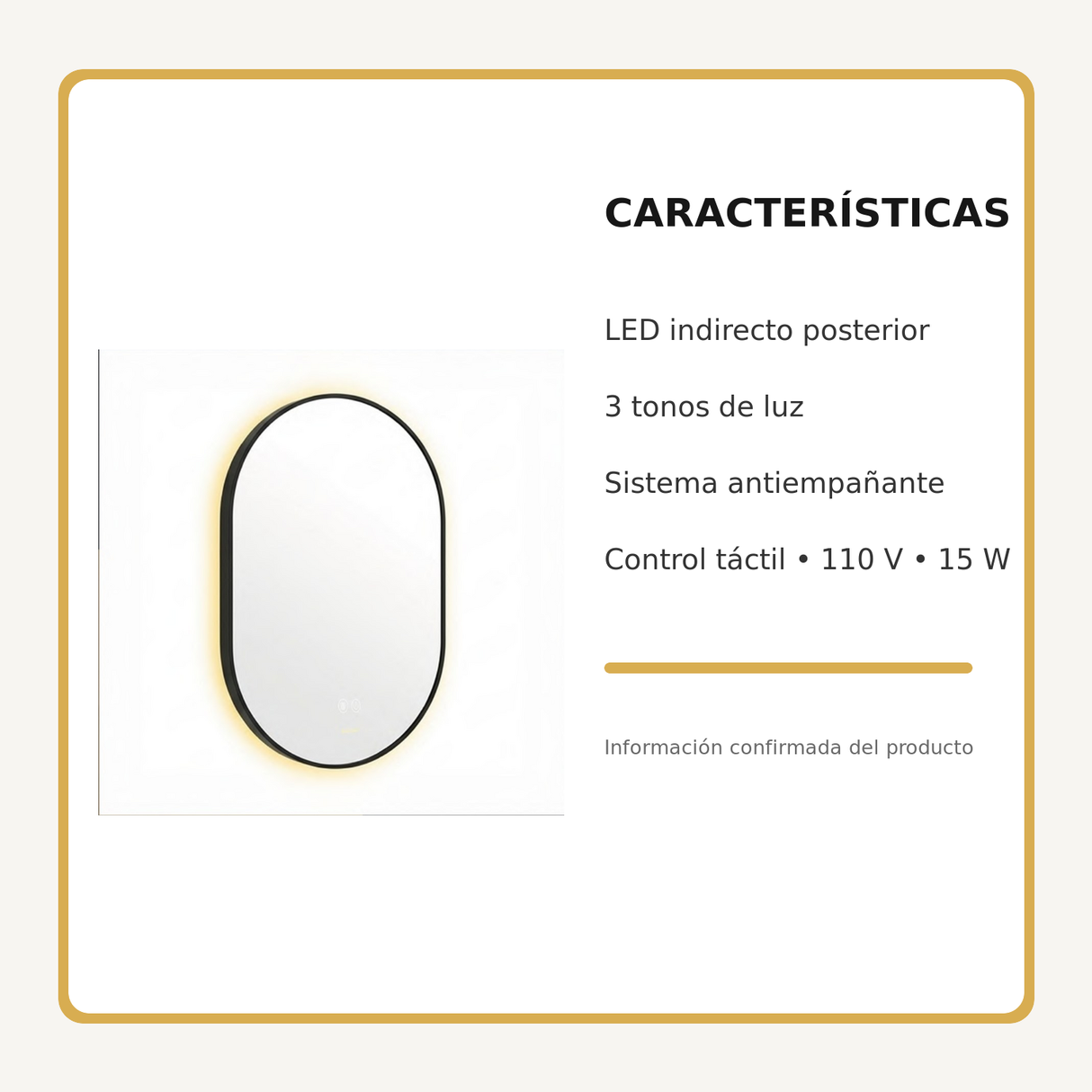 Espejo Aura LED indirecto ovalado 50 × 80 cm negro antiempañante, características principales