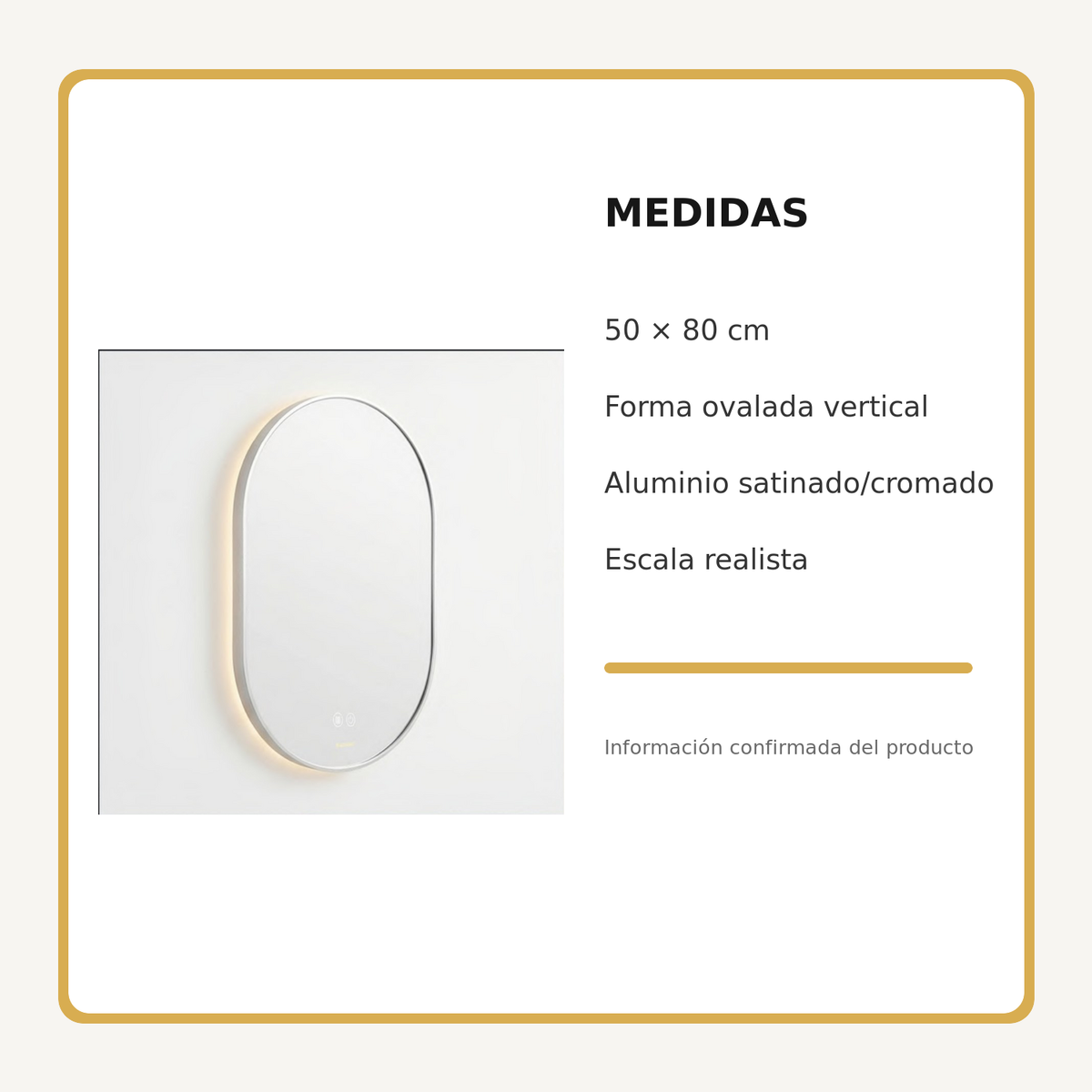 Espejo Aura LED indirecto ovalado 50 × 80 cm cromado antiempañante, medidas del producto